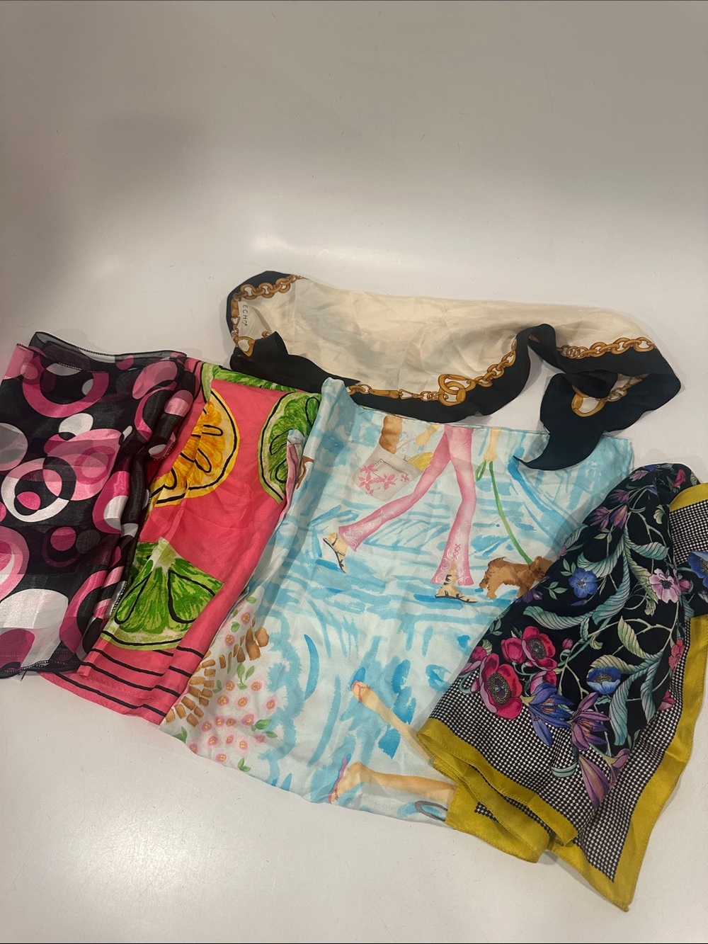 5 Assorted Printed Silk Scarves - Multicolor Set